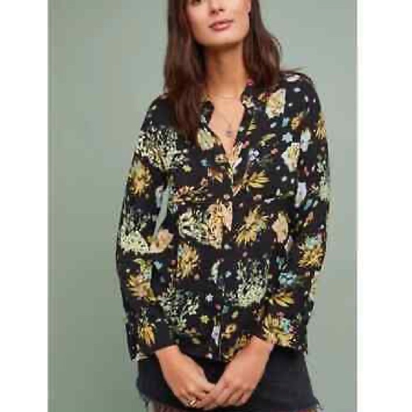 Anthropologie Maeve Lady Bug Whimsy Floral Print Button Down Blouse Size 2 XS - Picture 1 of 10
